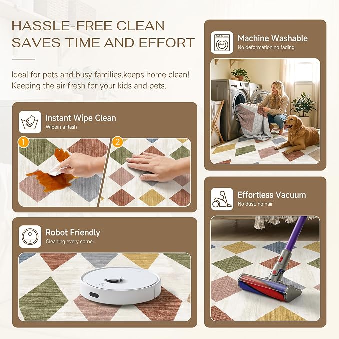 4x6 Washable Area Rug Kids Room Colorful Non Slip Checkered Carpet | Soft, Low Pile, Easy Clean, Diamond Pattern for Doormat, Nursery, Play Room, Entryway, Bedroom, Modern Indoor Decor