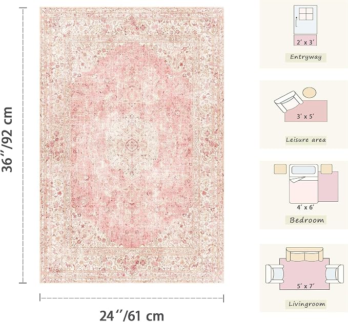 Latte&Fog Washable Entryway Rug 2x3, Vintage Pink Area Rugs for Kitchen | Low Pile Non Slip Soft Throw Rug Doormat for Entrance Bathroom Laundry Bedroom Nursery Playroom Hallyway Dorm Decor Office