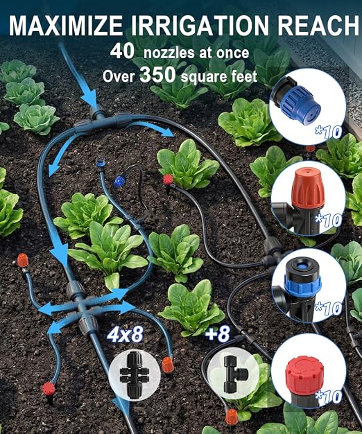 1/2" Drip Irrigation System Kit with 40 Adjustable Nozzles, PE UV-Resistant | All Quick-connect, 2X Lifespan of PVC, Easy Connect, 40FT 1/2" Main tube+ 197FT 1/4" Tube, 4 Nozzle Types