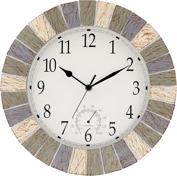 UMEXUS Outdoor Indoor Clock, 13 Inch Waterproof Wall Clocks with Thermometer，Silent Non-Ticking Battery Operated Decor for Patio, Garden, Porch, Pool, Living Room (Marble Gray)