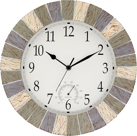 UMEXUS Outdoor Indoor Clock, 13 Inch Waterproof Wall Clocks with Thermometer，Silent Non-Ticking Battery Operated Decor for Patio, Garden, Porch, Pool, Living Room (Marble Gray)