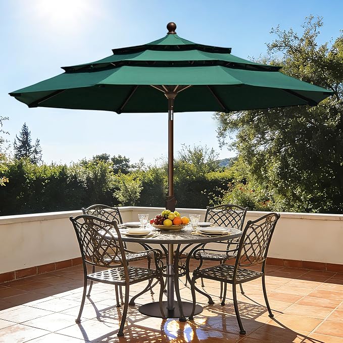 EliteShade USA 10-Year-Non-Fading 10ft 3-Tier Market Patio Umbrella, Commercial Grade Outdoor Table Umbrella with Crank Open, Windproof & UPF 50+ UV Protection, Heavy Duty Ventilation for Garden, Deck, Pool, Backyard, Beach & Bistro, Forest Green
