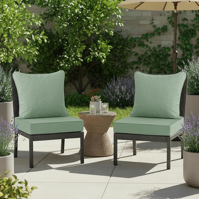 Summsun Outdoor Cushions for Patio Furniture, Faux Linen Water Resistant Backrest and Seat Cushion Set with Removable Cover, Ties, Non-Slip Bottom, 19 x 19 Inch, Sage Green, Set of 2