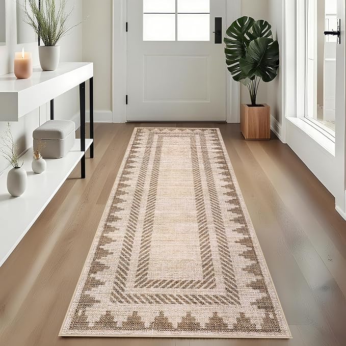 GarveeHome Modern Geometric Runner Rug 2x6 Washable Hallway Runner Unique Bordered Neutral Bathroom Rug Non Slip, Non Shedding Stain-Resistant Kitchen Mat, Soft Low Pile Neutral Carpet for Laundry,Tan