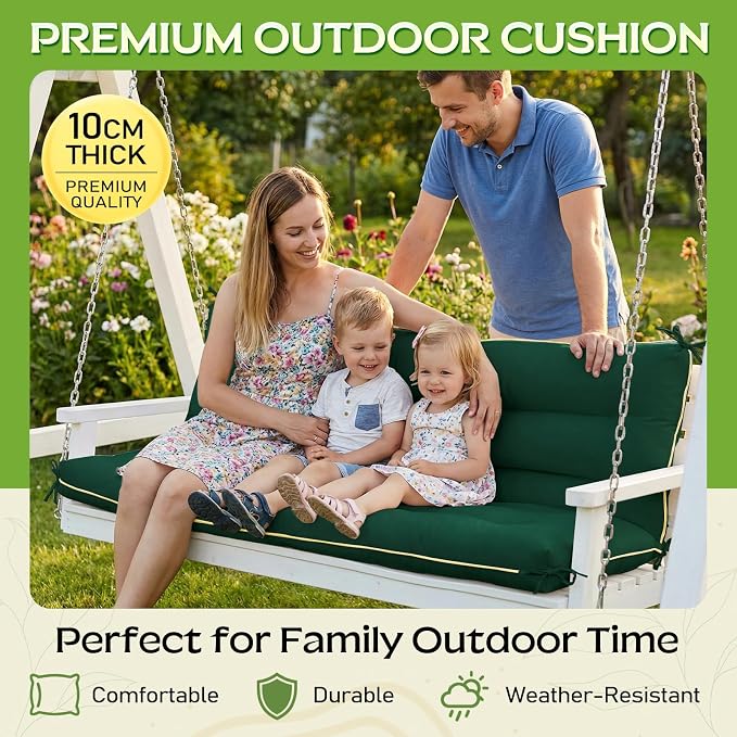 60×40 INCH Outdoor Swing Cushion with Backrest, Tie Straps & Memory Foam - Replacement for Porch Bench 2/3 Seater, Oxford Fabric (Green, 60 INCH × 40 INCH)