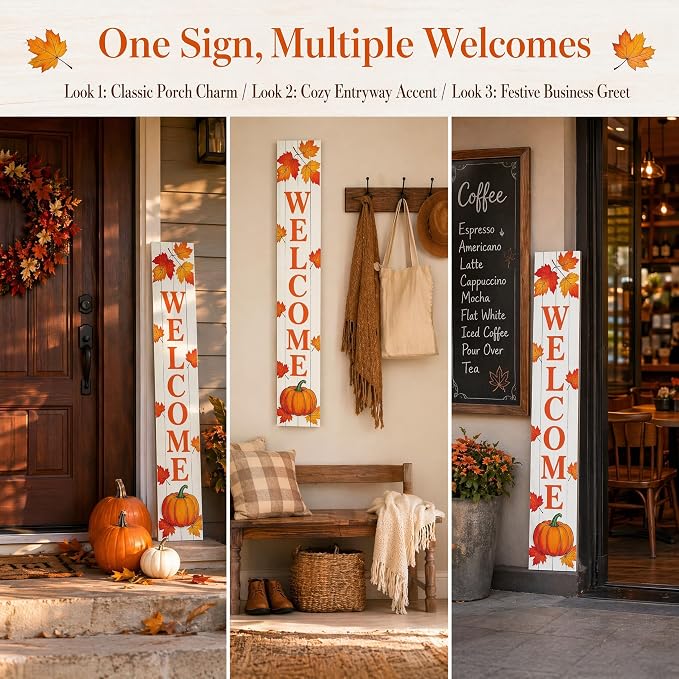 Fall Welcome Porch Sign | Vertical Wooden Welcome Sign with Pumpkin & Maple Leaves | Farmhouse Autumn Thanksgiving Harvest Decor | Front Door Indoor/Outdoor Home Decoration