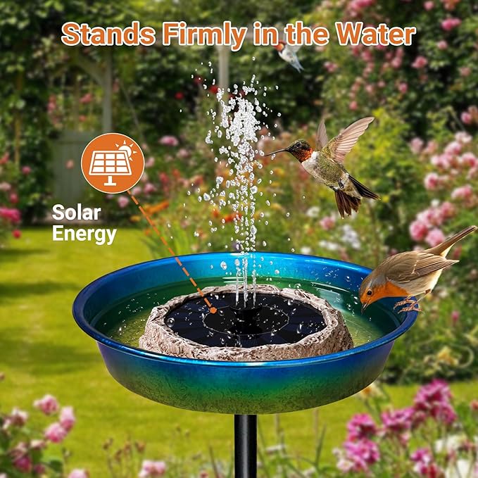 Upgrade Solar Fountain for Bird Bath Granite Rock Solar Water Fountain Pump with 6 Nozzles for Hummingbird Birdbath Lawn Fish Tank and Aquariums, High Efficiency & Anti-Clogging