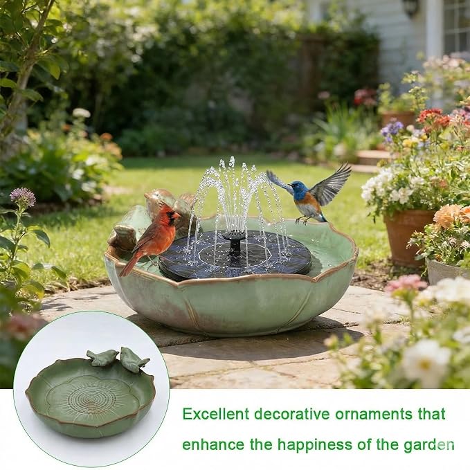 Solar Hummingbird Fountain,Ceramic Birdbath Bowl Water for Outdoor, Solar Powered Ground Bird Feeders and birdbath for Outdoors, Tabletop, Deck, Balcony Patio, Lawn,Yard Garden Decor