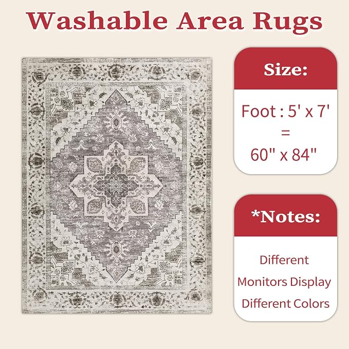 SERISSA 5x7 Washable Non Slip Boho Area Rug for Living Room，Earth Tone | Ultra Soft Vintage Oriental Carpet Low-Pile Distressed Tribal Throw Carpet for Bedroom Dining Room Dorm Office Home Decor