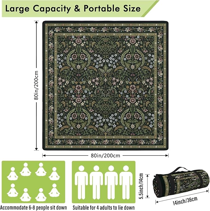 Vintage Picnic Blankets Waterproof Foldable, 80″X80″ Extra Large Picnic Mat Floral Outdoor Blanket for Grass, Packable Beach Blanket Sandproof Picnic Accessories for Camping Music Festival Park Lawn