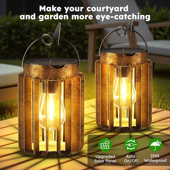 Ahaorigin Solar Lanterns Outdoor Waterproof, Brighter Up to 12 Hrs Outdoor Hanging Solar Lights, Outside Hanging Lanterns for Garden Porch Patio Yard Decor, Gifts for Women Mom Father 2 Pack
