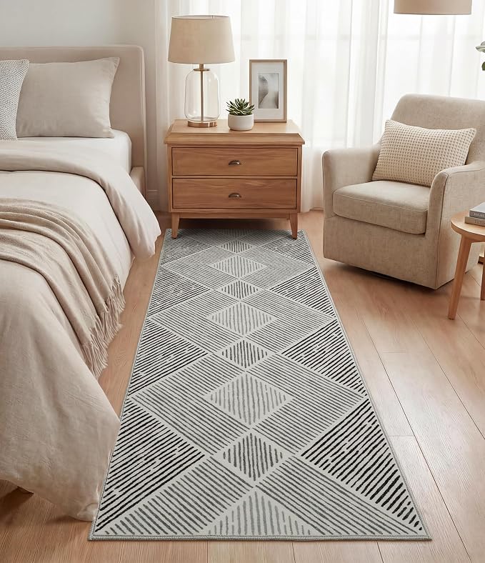 2‘x6' Washable Black and White Geometric Runner Rug for Kitchen | Non-Slip, Low Pile, Stain Resistant, Modern Stripe Long Runner Rug for Hallway Entryway Bedroom