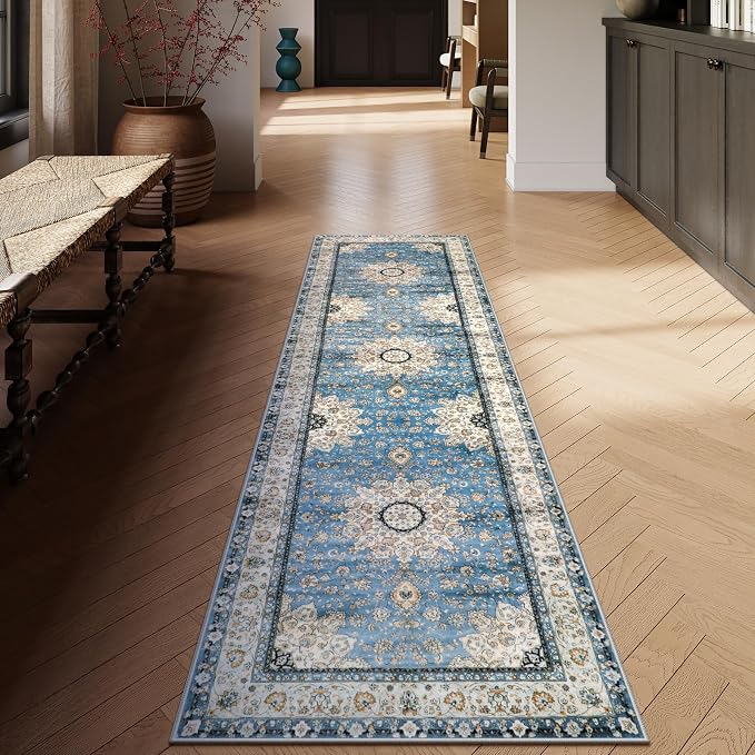 Lahome Felice Oriental Floral Medallion Runner Rug - 2x8 Runners for hallways Bathroom Mat, Non-Slip Washable Indoor Entryway Floor Carpet Runner for Hall Kitchen Foyer Front Door