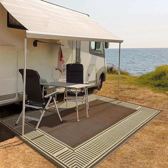 Outdoor Rug 8x10 Waterproof Patio Rugs Modern Striped Reversible Mat for Front Door Rv Border Foldable Plastic Straw Carpet for Travel Trailers, Porch, Camper, Balcony, Beach，Brown/Coffee
