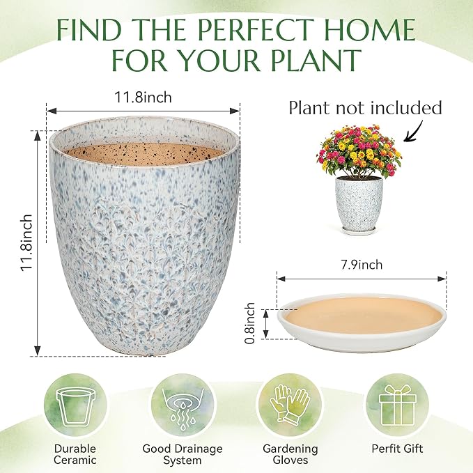 11.8 Inch Flower Pots for Indoor Plants,Ceramic Planter with Saucer Drainage Leak-Proof Mesh Gardening Gloves (Spotted Blue)