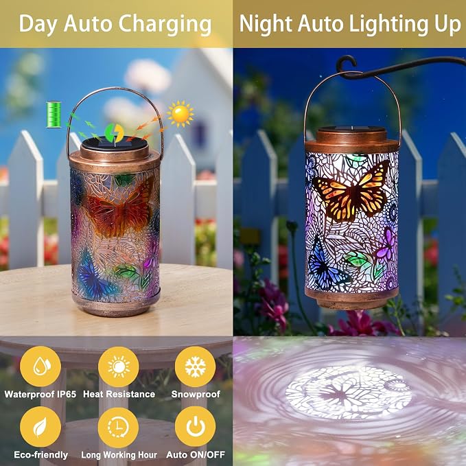 2Pack Solar Outdoor Lanterns Waterproof Butterfly Garden Gifts for Women, Multicolor Solar Outside Lights Lantern for Yard, Backyard, Porch, Mothers Day Gifts for Mom Grandma Wife