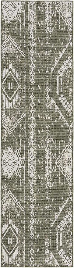 Unique Loom Outdoor Bohemian Collection Area Rug - Anthro (3' 3" x 12' Runner, Green/ Ivory)