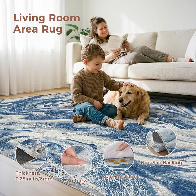 DMOYEST 8x10 Area Rug for Living Room Washable Abstract Indoor Carpet | Neutral Modern Low Pile Rugs Kid & Pet Friendly Large Soft Thin Carpet for Bedroom Dining Room and Office - Navy Blue