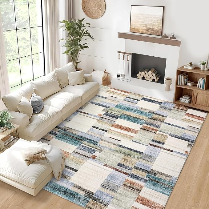 GarveeHome Washable Rug 9x12 Area Rug for Bedroom Geometric Modern Living Room Rug Farmhouse Non Slip Large Area Rug Soft Throw Rugs Stain Resistant Carpet for Dining Room Nursery Multi 9 ft x12 ft
