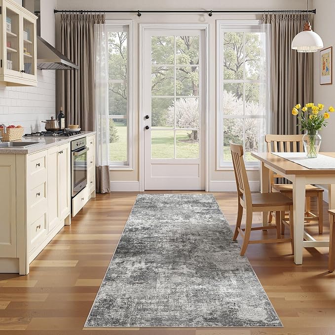 DMOYEST 3x12 Washable Runner Rug for Hallway Abstract Soft Carpet Runner | Neutral Modern Low Pile Area Rug Kid & Pet Friendly Non-Slip Carpet for Entryway Kitchen Dining Room - Grey
