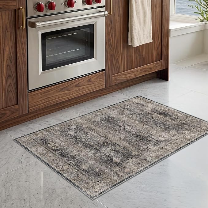Washable Entryway Rug 2x3 - Low Pile Non-Slip Front Door Mat, Charcoal and Cream Stain Resistant Distressed Geometric Throw Carpet for Kitchen, Bathroom, Modern Boho Decor