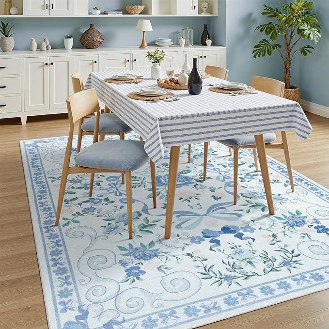 DCX Washable 9x12 Bow Rug, Blue Floral Rug for Girls’ Bedroom, Cute Soft Low Pile Indoor Décor Carpet, Kid & Pet Friendly Nursery Rug for Living Room, Dorm, Playroom