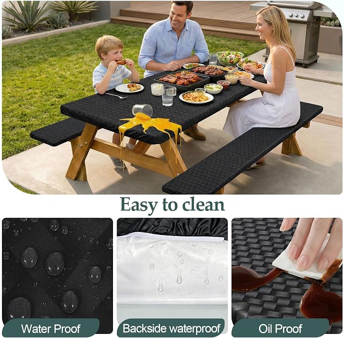 Play Tailor Picnic Table Cover with Bench Covers Camping Essentials Waterproof Windproof Camping Tablecloth with Drawstring Bag, Fitted Rectangle Tables and Seats, 72in, Black