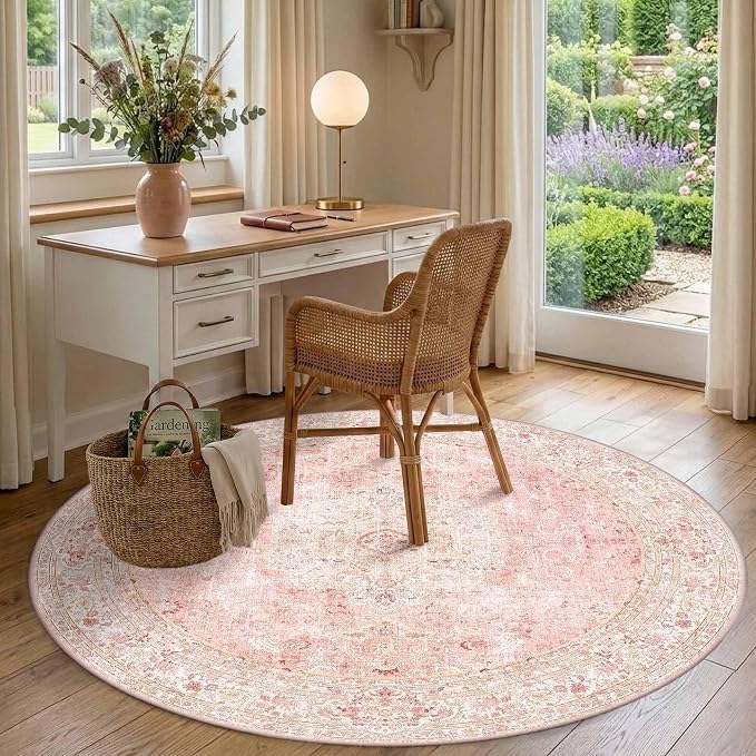 Latte&Fog 6ft Pink Round Area Rug for Girl Bedroom Washable Cute Circle Rug | Non Slip Low Pile Soft Floral Indoor Carpet for Living Room Kids Playroom Nursery Classroom Dorm Decor Dining Kitchen Office