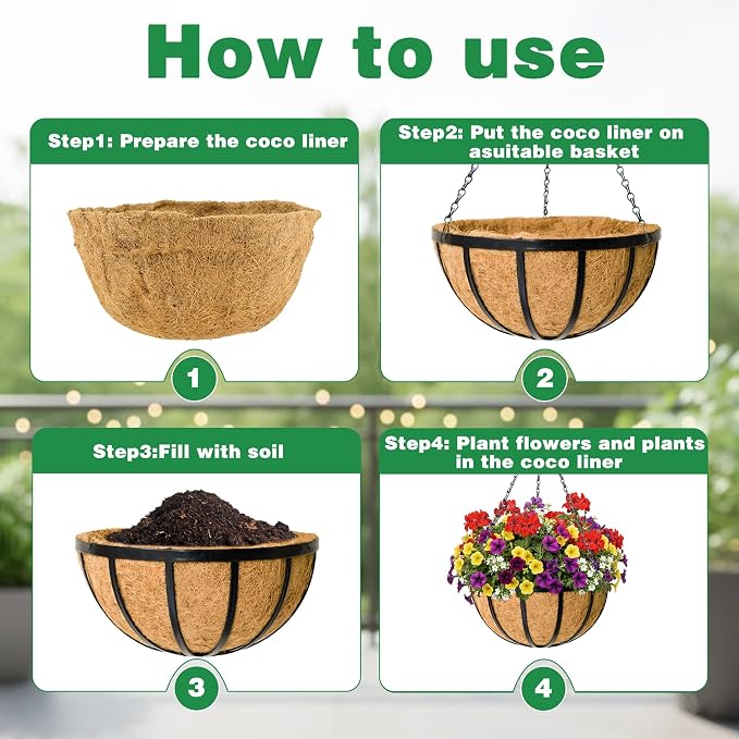 4 Pack 14 Inch Hanging Planters for Outdoor Plants Metal Hanging Planter Basket with Coco Coir Liner Round Plant Black Flat Iron Metal Flower Pots for Deck Patio Porch Garden Balcony