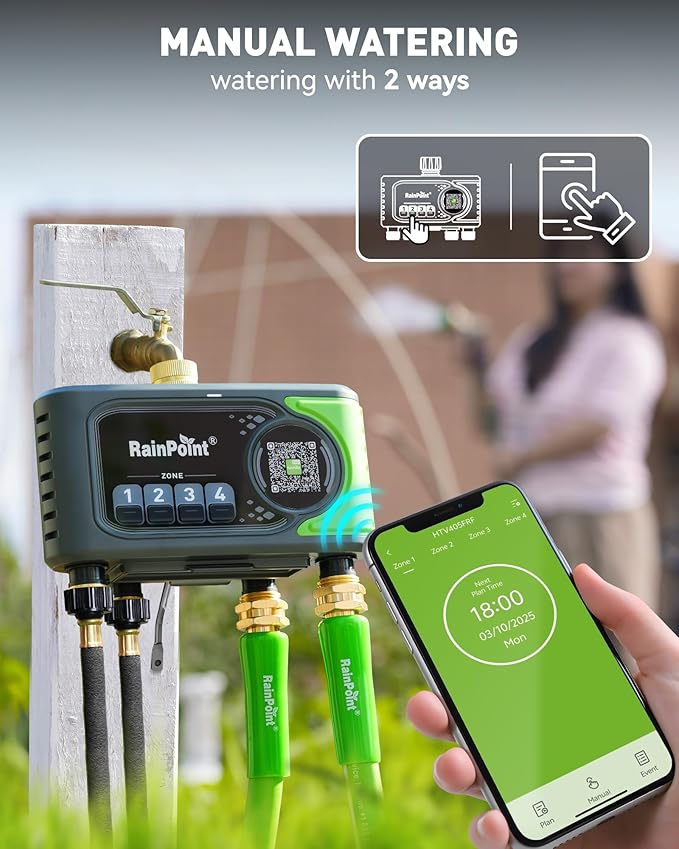 RAINPOINT 4 Zone WiFi Sprinkler Timer Without hub, 2027 New Version for Garden Hose, Outdoor Hose Water Timer with Brass Ports, APP & Voice Custom Irrigation Programs