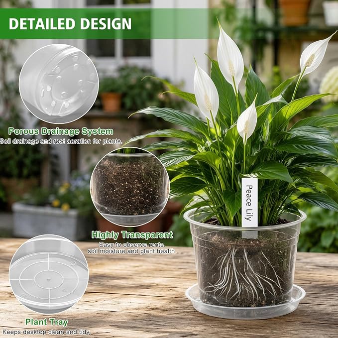 5/6/7/10 Inch Clear Nursery Pots with Drainage Holes and Saucers, 16 Pack Large Plastic Plant Pots for Seedlings, Succulents, Herbs, Flowers & Vegetables, Repotting and Growing (Clear, 16)