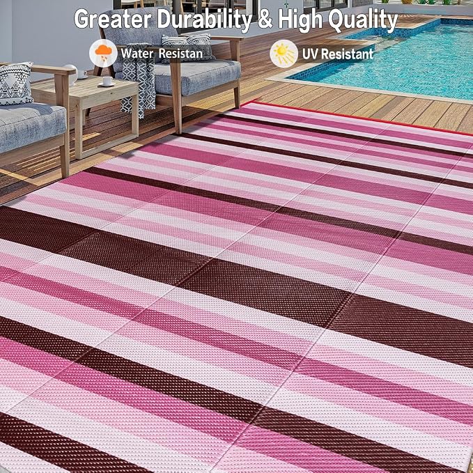 HUGEAR Outdoor Waterproof Rug 6'x9' Plastic Straw Rugs Washable Reversible Floor Mat Pink Stripe Carpet for Camping RV Deck Entryance Porch Picnic Balcony Beach Backyard