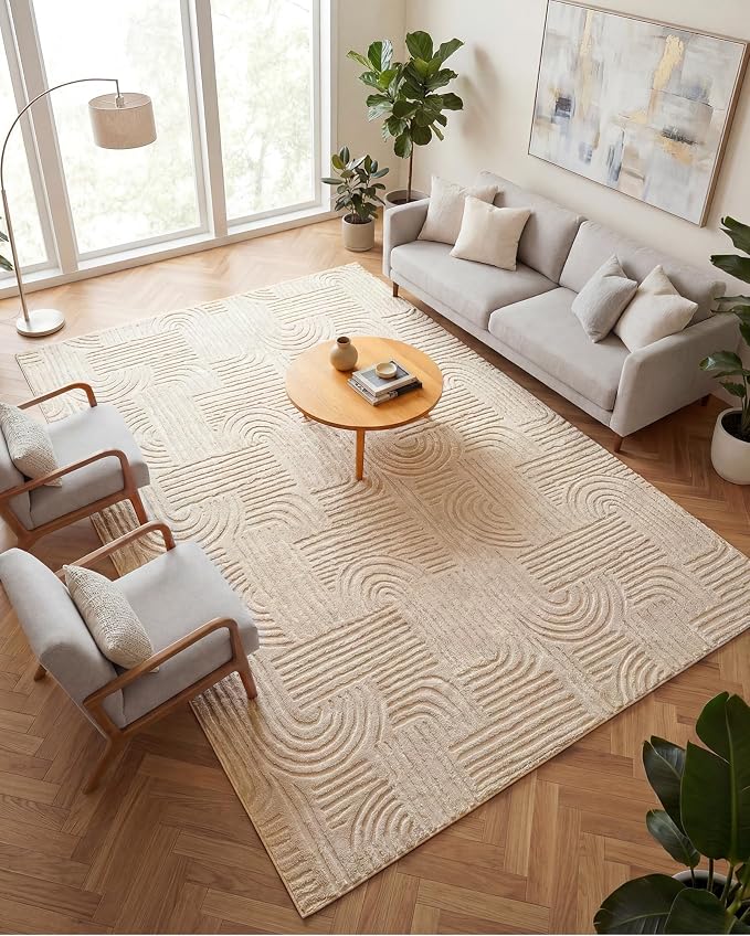 Carvapet 5x7 Area Rug Beige Modern Geometric Maze Washable Carpet | Soft plush rug with 3D high low pile texture and skid resistant backing for living rooms and bedrooms