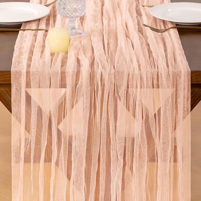 Socomi Peach Cheesecloth Table Runner Tulle Gauze Cheese clothBoho Rustic 120 inch 10FT Runner for Wedding Party Baby Shower Birthday Holiday Decorations 3pcs