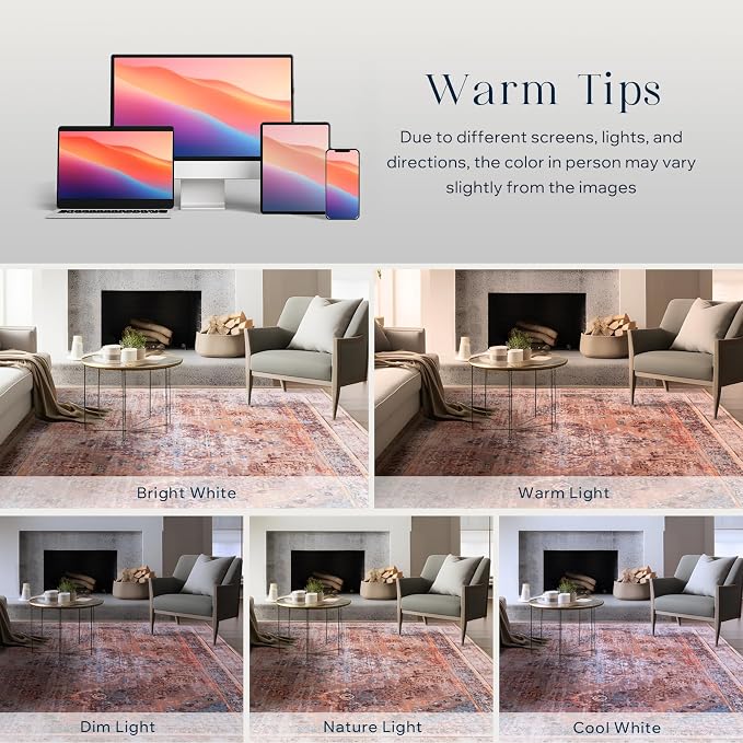 Phantoscope Washable Area Rug 6'x9' Non-Slip, Vintage Neutral Fall Rugs for Living Room, Bedroom, Dining Room, Distressed Boho Medallion Pattern, Low-Pile Foldable Floor Carpet, Rust Orange