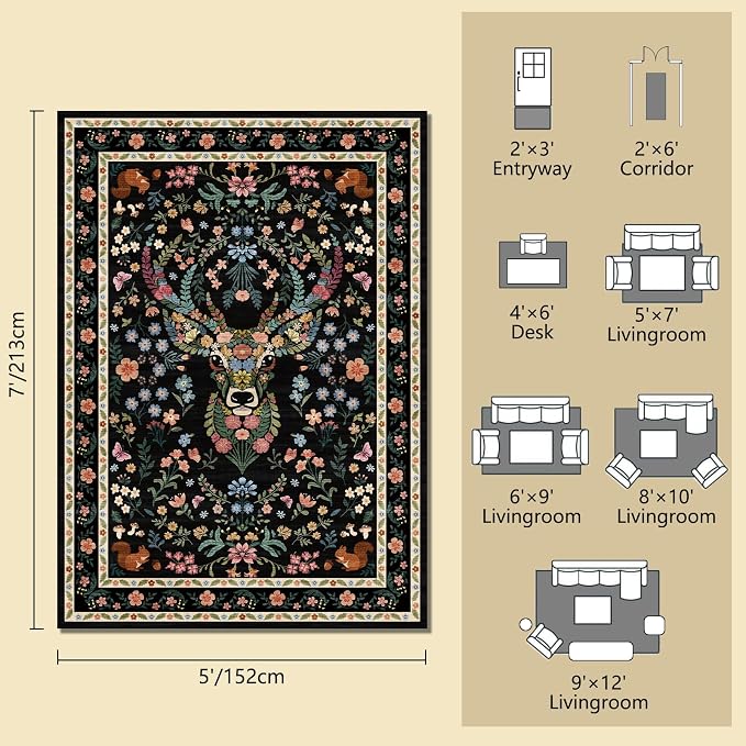 Area Rug Vintage Floral Deer Pattern 5x7 - Bohemian Forest Animal Carpet with Squirrel & Butterfly, Soft Decorative Area Rug for Living Room Bedroom Home Decor