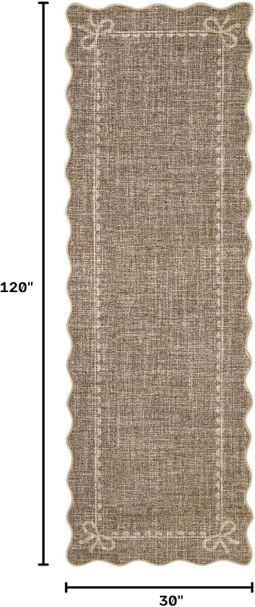 GarveeHome Scalloped Hallway Runner Rug 2.5x10 Non Slip Bedroom Rugs, Brown | Washable Bow Rug for Girls Dorm Nursery Living Room Entyrway Kitchen, Soft Low Pile Ultra-Thin Stain Resistant Indoor Carpet