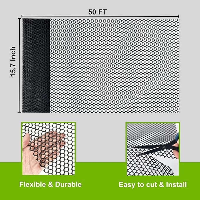 Plastic Wire Mesh Fence Roll, GENNIZZ 15.7IN x 50FT Plastic Chicken Wire Mesh, Balcony Garden Floral Netting Fencing Barrier for Cat Dog(0.4m x 15m)