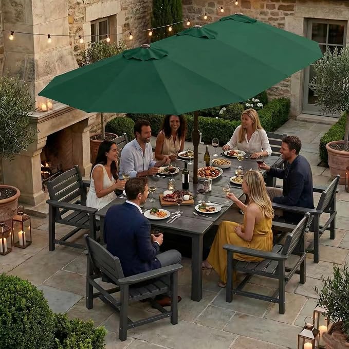 Kingdura 13ft Large Patio Umbrella with Base Included, Double-Sided Rectangle Outdoor Table Umbrella with 12 Reinforced Ribs, Crank Lift for Market Pool Deck Backyard, Dark green