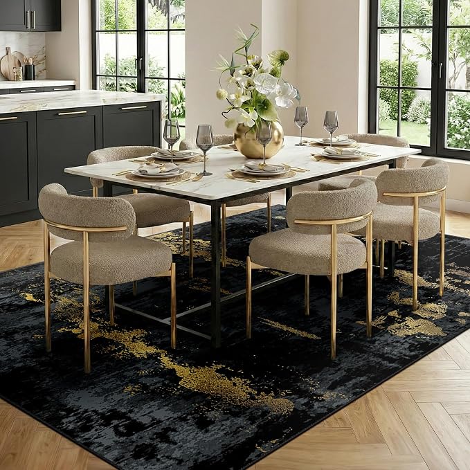 RELEANY Washable 6'x9' Abstract Area Rug for Living Room Black Gold | Carpet for Bedroom, Kitchen, Office, Hallway and Entryway, Printed Pattern, Non‑Slip, Soft, Stain‑Resistant, Easy to Clean