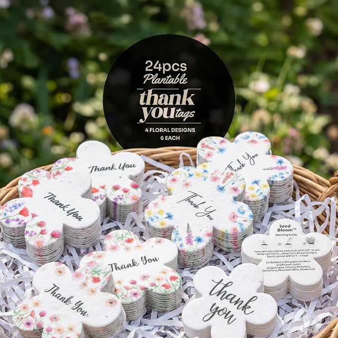 24Pcs Plantable Flower Thank You Tags with Wildflower Seeds - 4 Floral Designs (6 Each) Writable Favor Tags for Birthdays, Weddings, Bridal Shower, Mom Gifts, Party Favors & Gift Wrapping