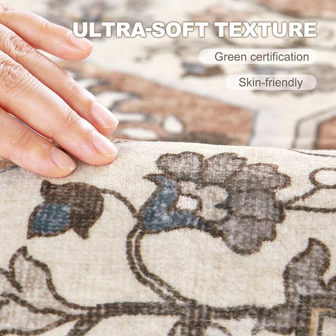 6x9 Washable Area Rug: Vintage Neutral Soft Non Slip Thin Large Floor Carpet for Living Room Bedroom Kitchen Dining Room Home Office Farmhouse Indoor - Brick Red