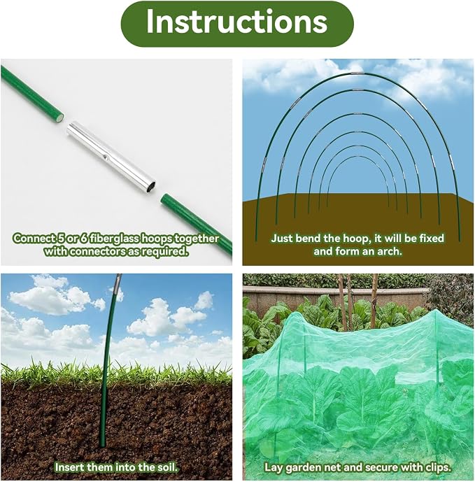 Garden Netting Kit for Raised Beds, 10x30FT Green Ultra Fine Mesh Netting ＆6 Sets of 8FT Garden Hoops, Insect Netting Row Cover Net Protect Plants Vegetable Fruits Flowers