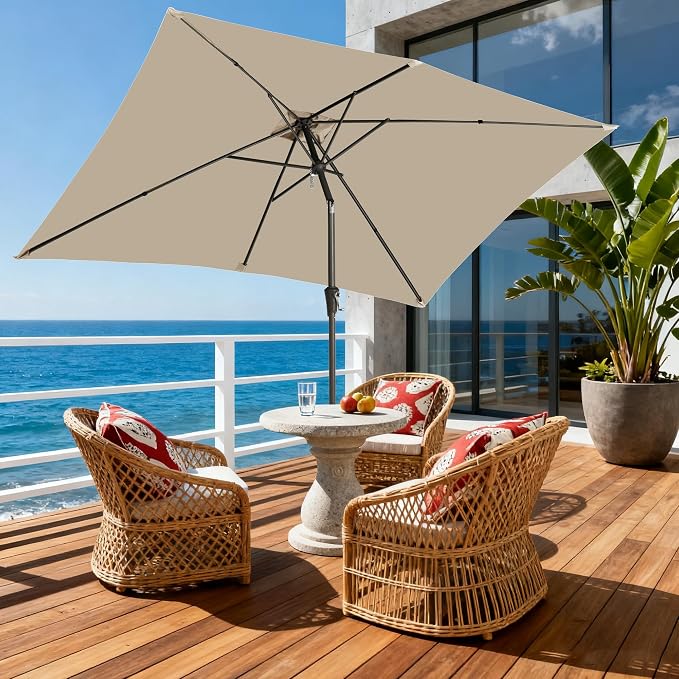 6.5x10FT Rectangular Patio Umbrella with Push Button Tilt & Crank Lift for Garden,UV Protection Outdoor Umbrella for Deck,Pool and Yard,White