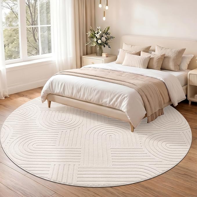 SHACOS Soft Cozy Fluffy Arch Pattern High Low Pile Round Rug 6ft Non Slip Washable Scandinavian Minimalist Area Rug Modern Geometric Carpet for Living Room Bedroom Dining Room Kitchen, Beige