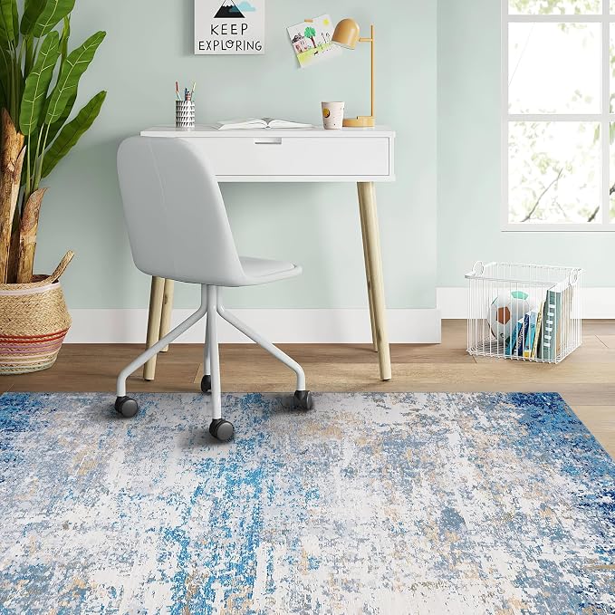 ROYHOME Modern Abstract 2x3 Area Rug, Blue/Grey | Non Slip Non Shedding Low Pile Stain Resistant Rug for Entryway Kitchen Bedroom