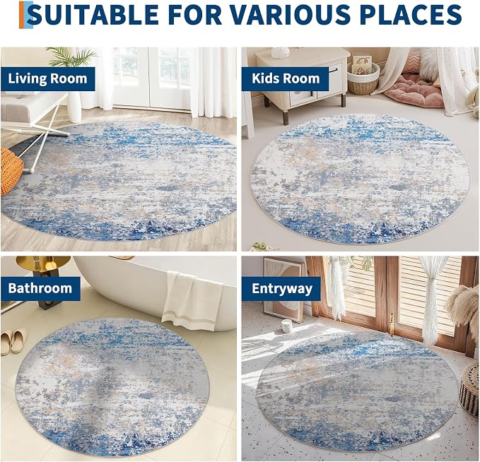 ROYHOME Modern Abstract 4x4 Round Area Rug Non Slip, Blue/Grey | Non Shedding Rug Low Pile Stain Resistant for Bedroom Living Room office Dining Room