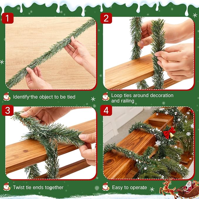 Zhengmy 30 Pcs 20 inch Christmas Garland Ties with Snow-Frosted Pine, Decorative Twist Tie for Banister Flexible Pine Stems for Christmas Stairs Railing Banister Decor DIY Craft Gift Wrapping