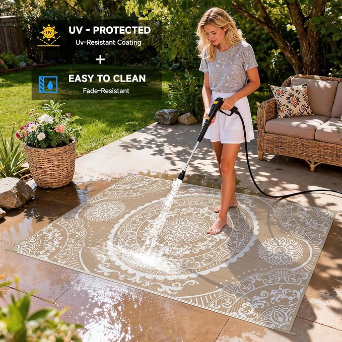 Pauwer Waterproof Outdoor Rug 5x8, Reversible Plastic Straw Patio Camping Rug, Indoor Outdoor RV Mat Carpet for Deck, Camper, Porch, Balcony, Backyard, Picnic, Paisley Brown