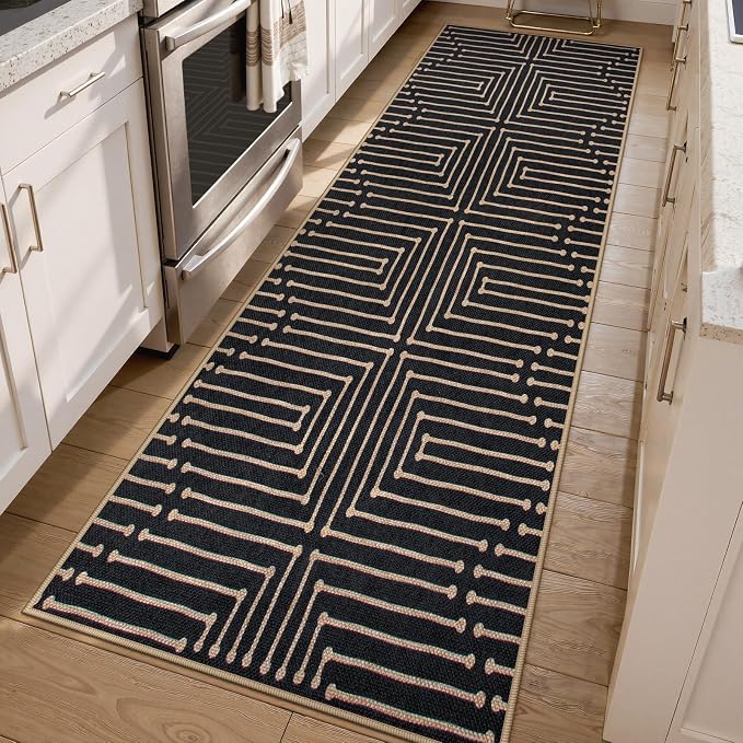 Lahome Maze Lines Washable Kitchen Runner Rug, 2x8 Black Outdoor Runner Rug | Low Pile Non Slip Non Shedding Easy Jute Carpet for Hallway Entryway